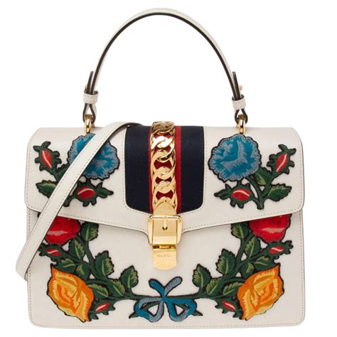 gucci white sylvie embroidered top bag|gucci sylvie bag price.